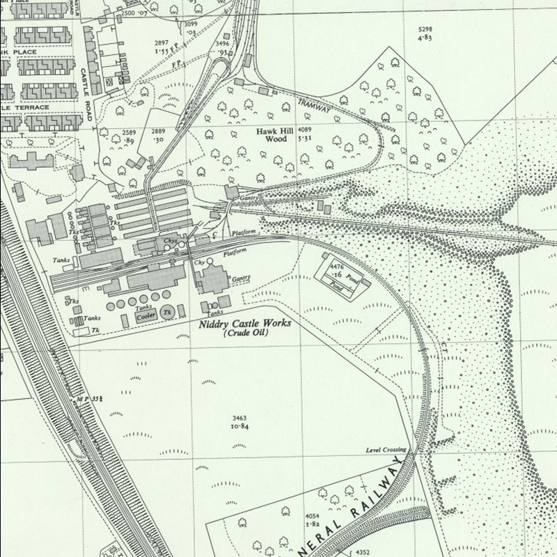 Niddrie Castle Oil Works - 25" OS map c.1955, courtesy National Library of Scotland